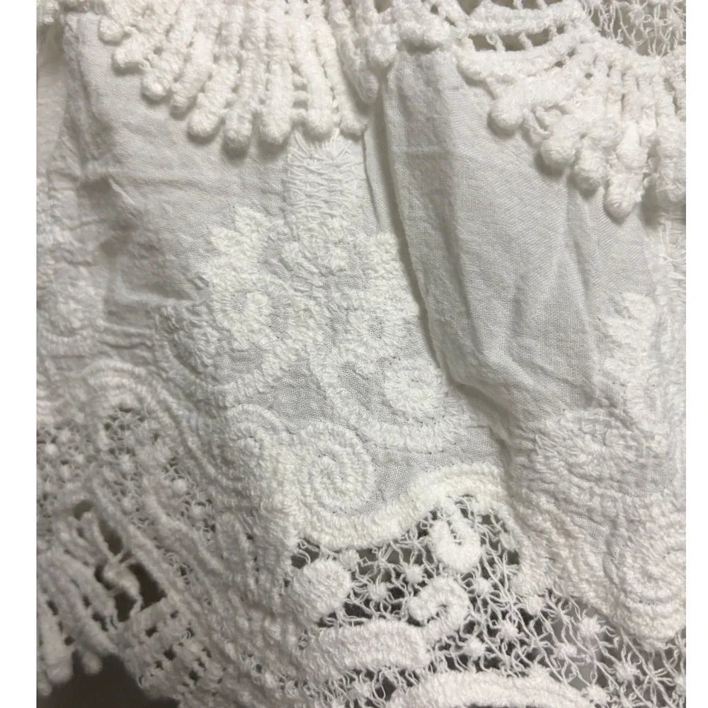 Free People Crochet Lace Embroidered White Blouse Boho Scalloped Tiered Medium
